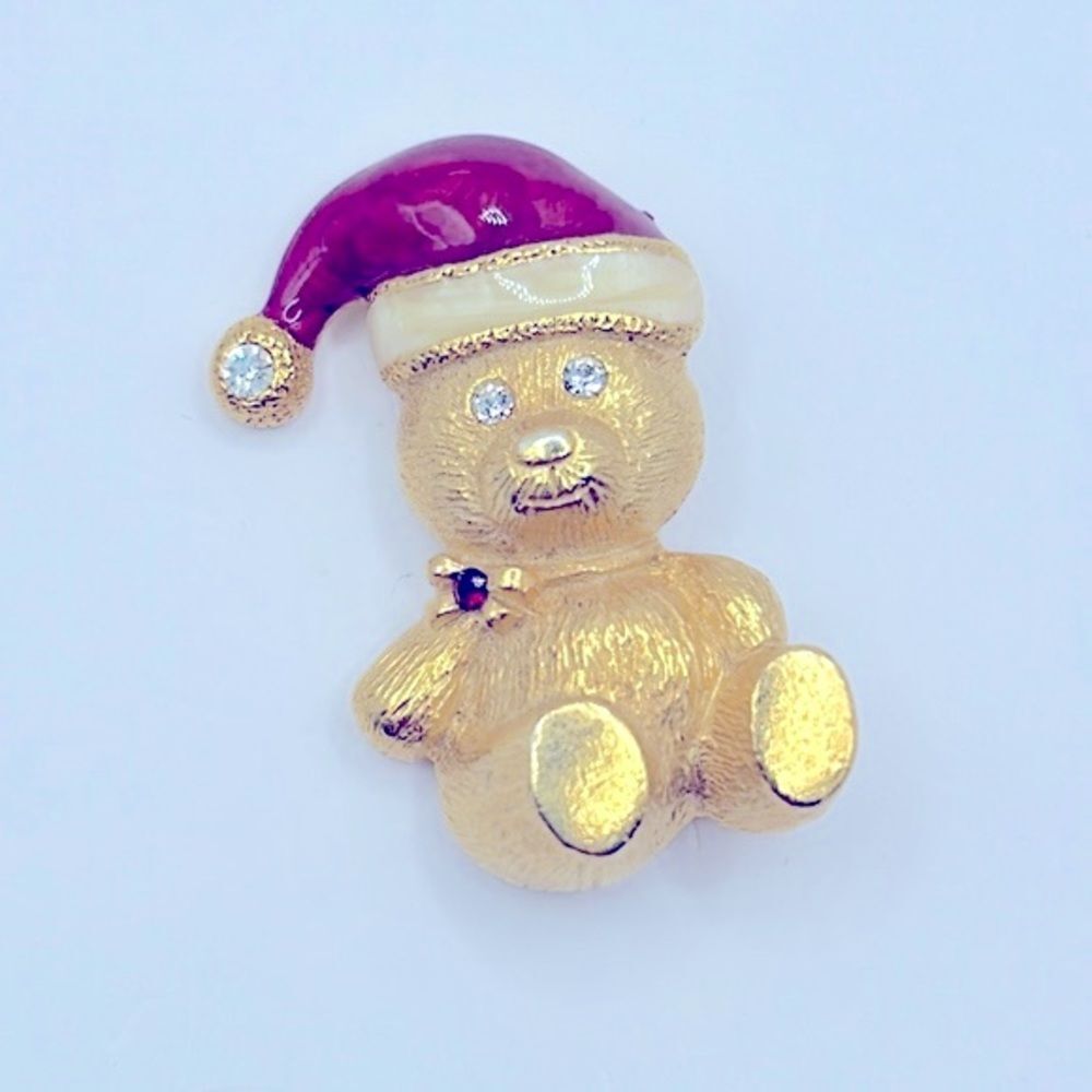 Vintage Signed Gold Tone Teddy Bear In Santa Hat Brooch
